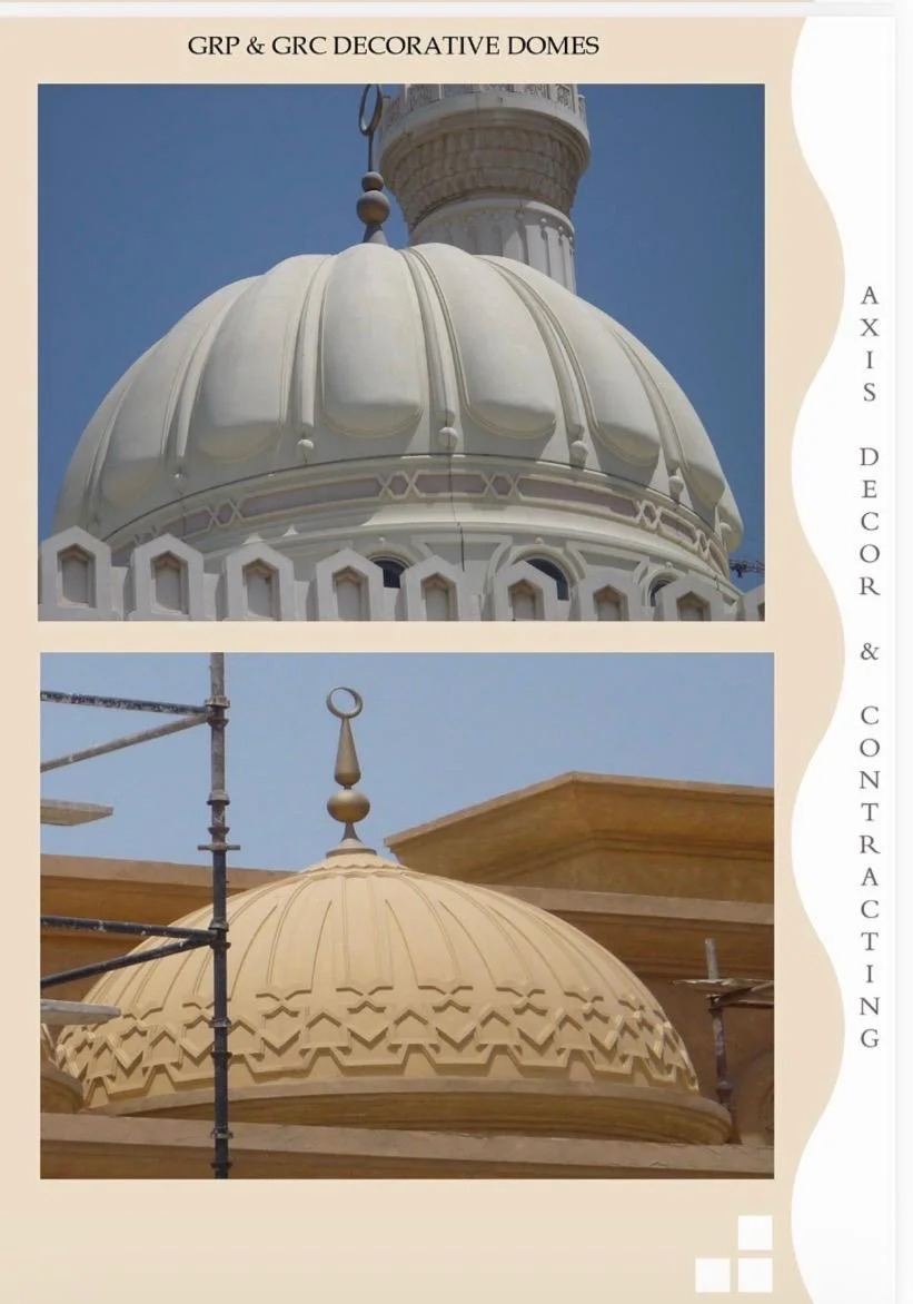 Brochure plate of GRP and GRC decorative domes, one with a gold finish