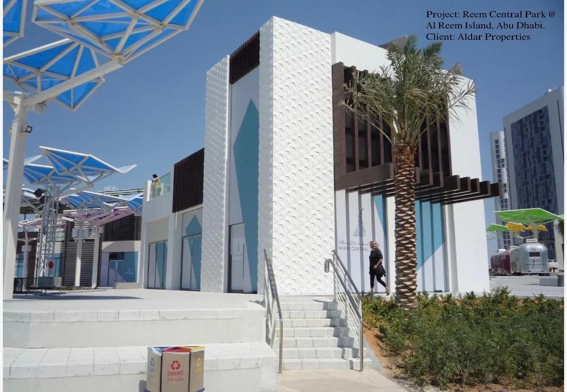 Textured white GRC wall cladding at Reem Central Park, Al Reem Island, Abu Dhabi