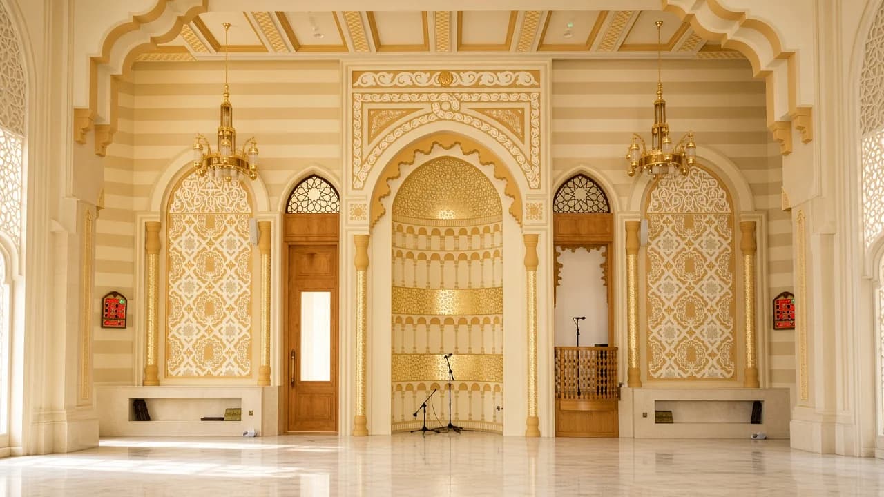 Ornamental arches and geometric decorative panels at the masjid in Silicon Oasis, Dubai