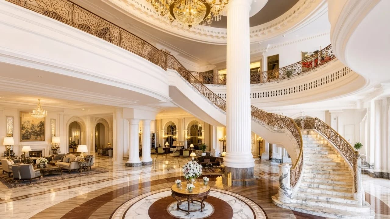 Bright interior with fluted white columns, cornices, and a curved stair at Al Habtoor City, Dubai