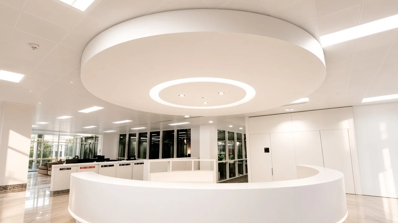 White gypsum false ceiling with a circular recessed light