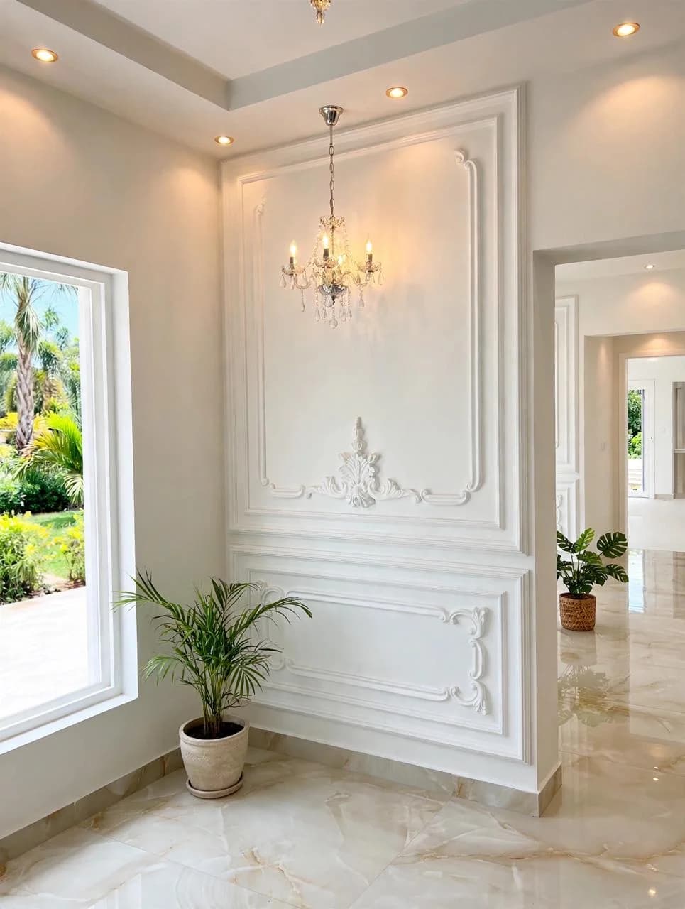White ornamental wall panel with a floral relief